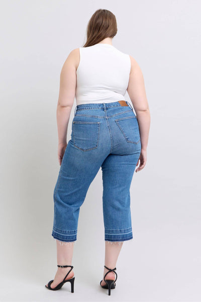 Judy Blue High Waist Tummy Control Release Hem Crop Wide Leg Denim Jeans 88875-Jeans-Sunshine and Wine Boutique