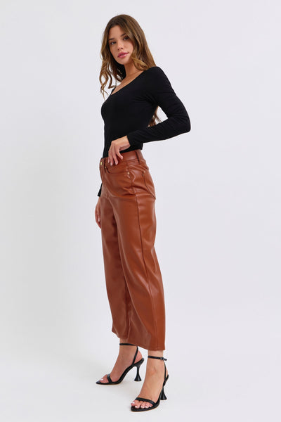 Judy Blue High Waist Tummy Control Camel Faux Leather Wide Leg Crop Denim Jeans 88900-Jeans-Sunshine and Wine Boutique