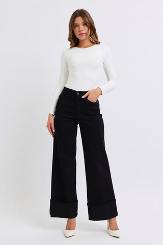 Judy Blue High Waist Retro Wide Leg Black Cuffed Denim Jeans 82617