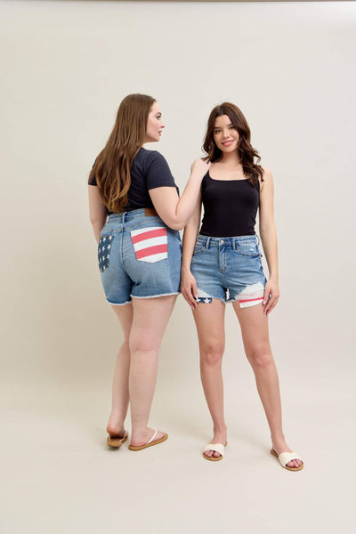 Judy Blue High Waist Front & Back Pocket American Flag Fray Hem Denim Short 150321-Shorts-Sunshine and Wine Boutique