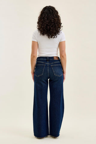 Judy Blue High Waist Adjustable Waistband Tabs Raw Hem Retro Wide Leg Denim Jeans 881114 - Petite