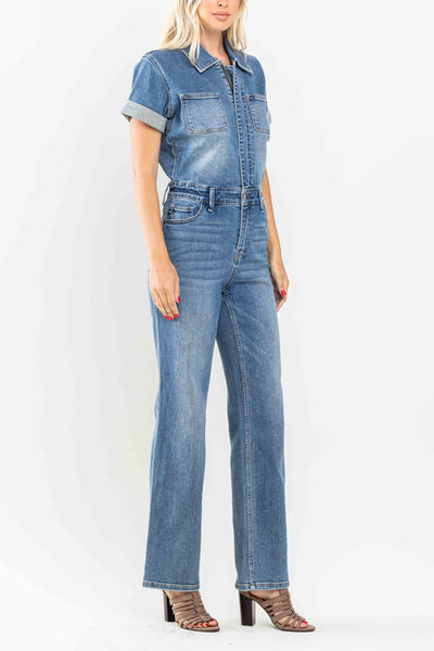 Judy Blue High Waist Short Sleeve Straight Denim Jumpsuit 88722 - Exclusive-Jeans-Sunshine and Wine Boutique