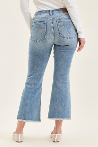 Judy Blue Mid Rise Frayed Hem Kick Flare Denim Jeans 82721