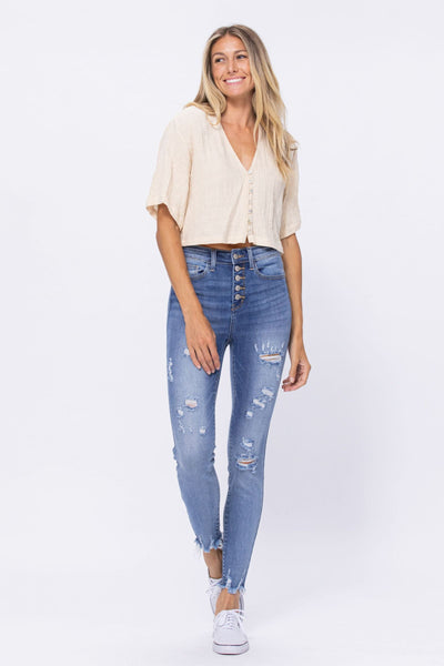 Judy Blue High Waist Destroyed Button Fly Skinny Denim 82263-Jeans-Sunshine and Wine Boutique