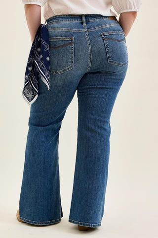 Judy Blue Mid Rise Triple Needle Pockets & Bandana Loop Jaqueline Flare Denim Jeans 82726