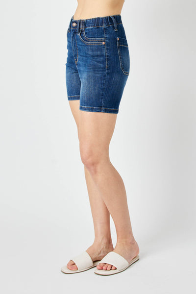 Judy Blue High Waist Elastic Waistband Mid Length Denim Short 150275-Shorts-Sunshine and Wine Boutique