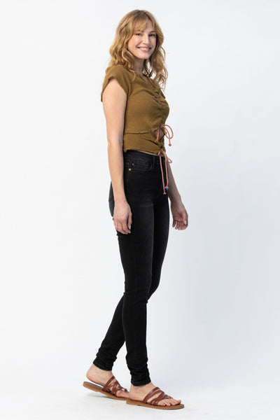 Judy Blue High Waist Un-cuffed Black Tall Skinny Denim Jeans 88450-Jeans-Sunshine and Wine Boutique