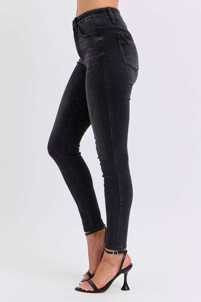 Judy Blue Mid Rise Tummy Control Black Skinny Denim Jeans 88878-Jeans-Sunshine and Wine Boutique