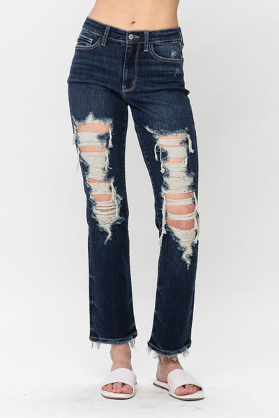 Judy Blue Mid Rise Heavy Destroy Straight Denim 82534-Jeans-Sunshine and Wine Boutique