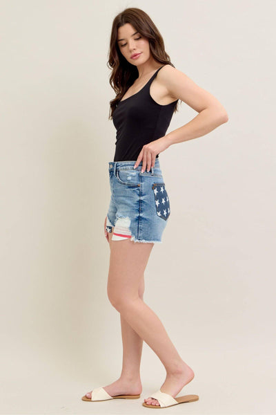 Judy Blue High Waist Front & Back Pocket American Flag Fray Hem Denim Short 150321-Shorts-Sunshine and Wine Boutique