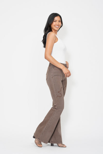 Judy Blue High Waist Garment Dyed Knee Seam Detail & Shield Pockets Flare Denim 88846-Jeans-Sunshine and Wine Boutique