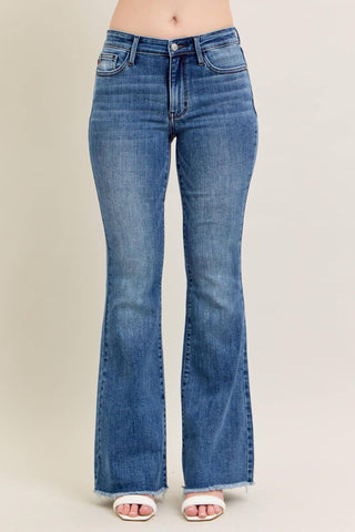 Judy Blue Mid Rise Vintage Wash Fray Hem Flare Denim Jeans 82670-Jeans-Sunshine and Wine Boutique