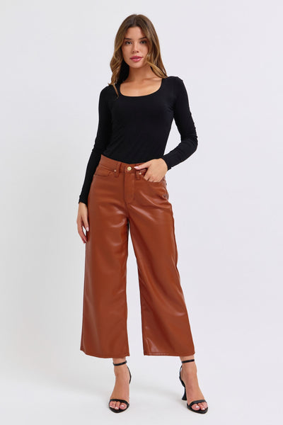 Judy Blue High Waist Tummy Control Camel Faux Leather Wide Leg Crop Denim Jeans 88900-Jeans-Sunshine and Wine Boutique