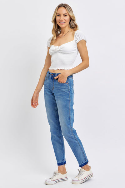 Judy Blue Mid Rise Rigid Magic Release Hem Boyfriend Denim 88818-Jeans-Sunshine and Wine Boutique