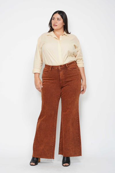 Judy Blue High Waist Garment Dyed Pumpkin Spice Raw Hem Retro Wide Leg Denim 88888-Jeans-Sunshine and Wine Boutique