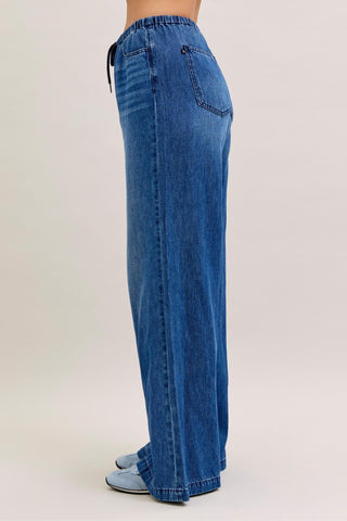 Judy Blue High Waist Featherweight Elastic Waistband Drawstring Palazzo Denim Jeans 881047