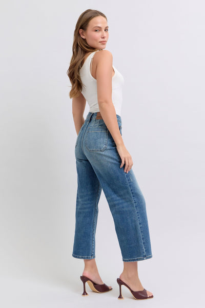 Judy Blue High Waist Utility Pockets Crop Wide Leg Denim Jeans 88904-Jeans-Sunshine and Wine Boutique