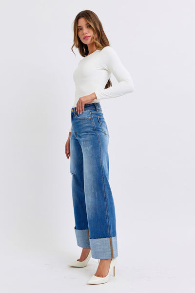 Judy Blue High Waist Retro Distressed Cuffed Wide Leg Jeans 82636 - Exclusive-Jeans-Sunshine and Wine Boutique