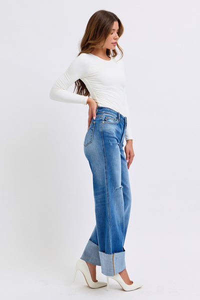 Judy Blue High Waist Retro Distressed Cuffed Wide Leg Jeans 82636 - Exclusive-Jeans-Sunshine and Wine Boutique