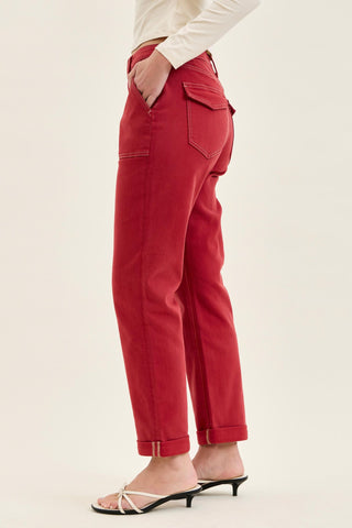 Judy Blue High Waist Aurora Weekender Garment Dyed Haute Red Cuffed Slim Straight Jogger Denim Jeans 881195
