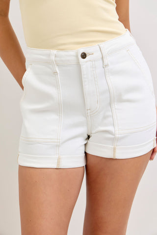 Judy Blue High Waist Aurora Weekender Double Rolled Cuff White Denim Short 150376