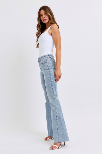 Judy Blue Mid Rise Button Fly Rhinestone Side Panel Detail Flare Denim Jeans 88895-Jeans-Sunshine and Wine Boutique