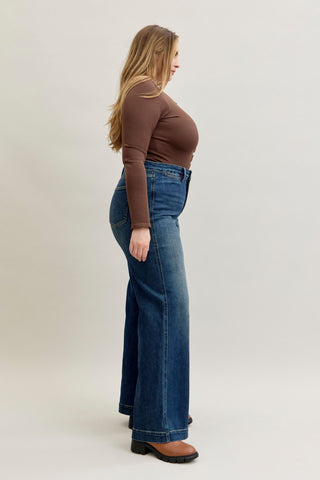 Judy Blue High Waist Front Welt Pockets Retro Wide Leg Denim Jeans 881023