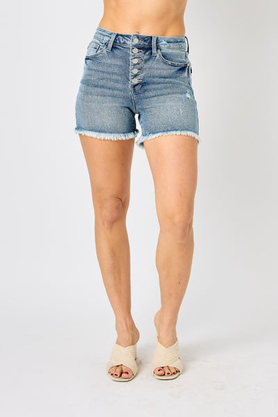 Judy Blue Full Size Button Fly Raw Hem Denim Shorts - Exclusive-Shorts-Sunshine and Wine Boutique