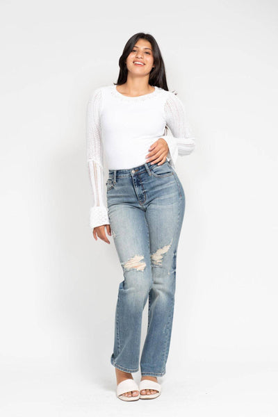 Judy Blue High Waist Harsh Tint & Destroy Straight Dad Denim Jeans 82641-Jeans-Sunshine and Wine Boutique