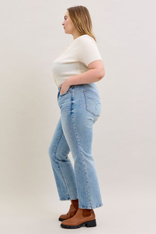 Judy Blue Mid Rise Rigid Magic Destroy Straight Denim Jeans 881060