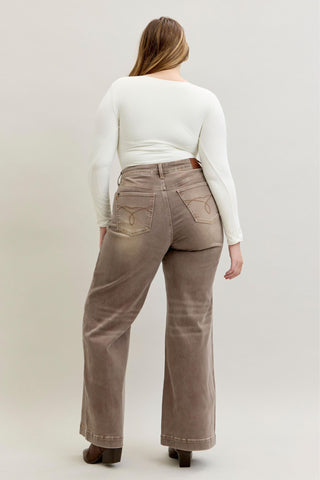 Judy Blue High Waist Retro Yarn Dyed Clay Criss-Cross Waistband Wide Leg Denim Jeans 881031