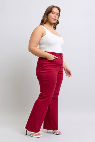 Judy Blue High Waist Garment Dyed Scarlet Heart Shaped Back Pockets 90's Straight Denim Jeans 88917-Jeans-Sunshine and Wine Boutique