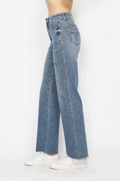 Judy Blue High Waist "Tummy Control" Raw Hem Straight Denim 88848-Jeans-Sunshine and Wine Boutique