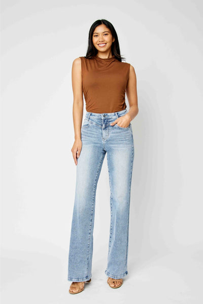 Judy Blue High Waist Front Yoke Retro Wide Leg Denim 88673-Jeans-Sunshine and Wine Boutique