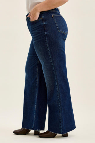 Judy Blue High Waist Adjustable Waistband Tabs Raw Hem Retro Wide Leg Denim Jeans 881114