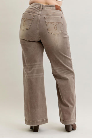 Judy Blue High Waist Retro Yarn Dyed Clay Criss-Cross Waistband Wide Leg Denim Jeans 881031