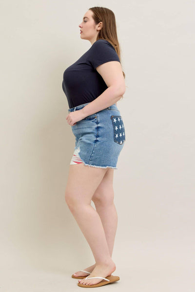 Judy Blue High Waist Front & Back Pocket American Flag Fray Hem Denim Short 150321-Shorts-Sunshine and Wine Boutique
