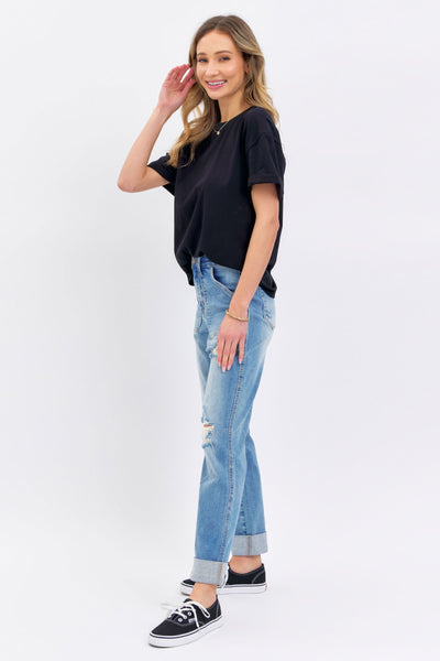 Judy Blue High Waist Patch Pocket & Destroy Boyfriend Denim 88825-Jeans-Sunshine and Wine Boutique