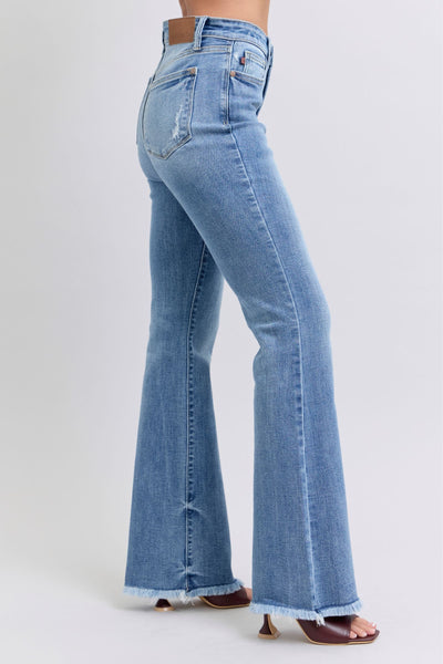 Judy Blue High Waist Fray Hem Bootcut Denim Jeans 82486-Jeans-Sunshine and Wine Boutique