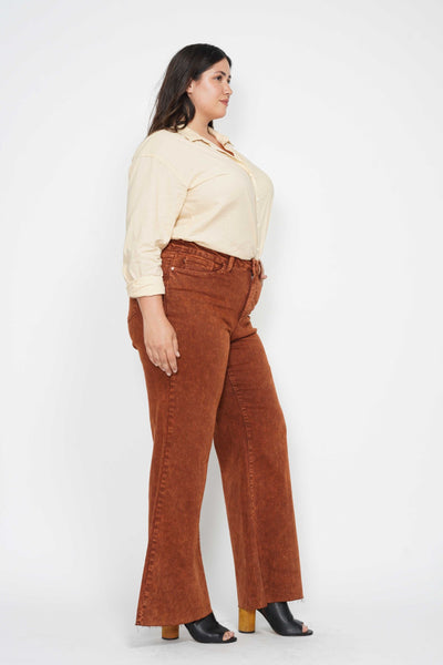 Judy Blue High Waist Garment Dyed Pumpkin Spice Raw Hem Retro Wide Leg Denim 88888-Jeans-Sunshine and Wine Boutique