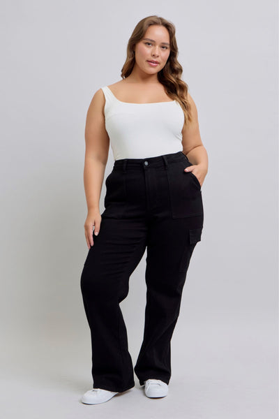 Judy Blue High Waist Cargo Wide Leg Black Denim Jeans 88886-Jeans-Sunshine and Wine Boutique