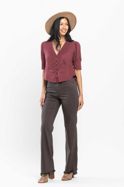 Judy Blue High Waist Garment Dyed Frayed Hem 90's Straight Denim 82531, Brown - Exclusive-Jeans-Sunshine and Wine Boutique