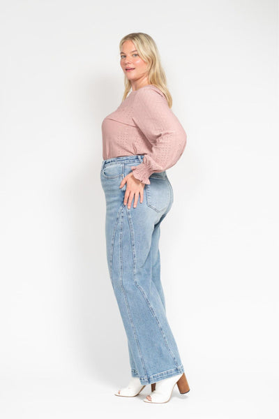 Judy Blue High Waist Side Seam Insert Detail Retro Wide Leg Denim 88766-Jeans-Sunshine and Wine Boutique