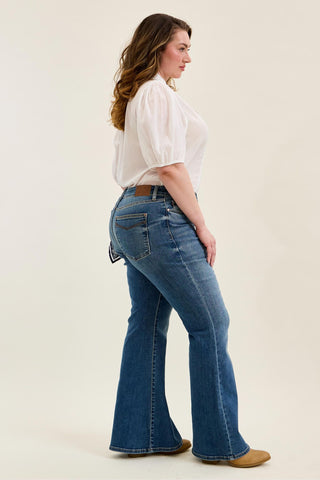 Judy Blue Mid Rise Triple Needle Pockets & Bandana Loop Jaqueline Flare Denim Jeans 82726