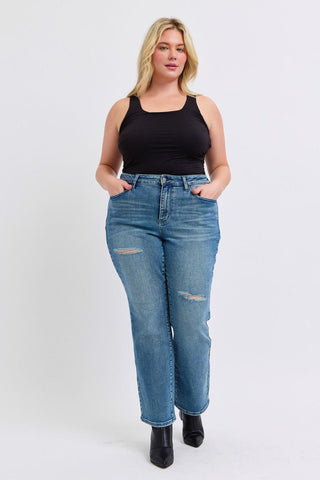 Judy Blue Mid Rise Contrast Wash Destroyed Dad Denim Jeans 88859