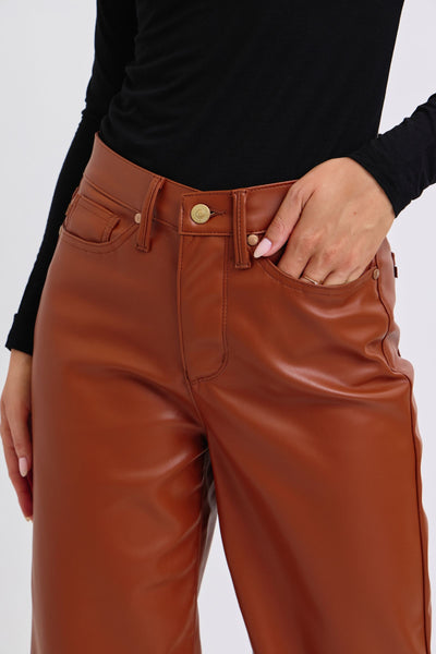 Judy Blue High Waist Tummy Control Camel Faux Leather Wide Leg Crop Denim Jeans 88900-Jeans-Sunshine and Wine Boutique