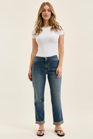 Judy Blue Mid Rise Adjustable Back Tab Hollywood Waist Boyfriend Denim Jeans 82731