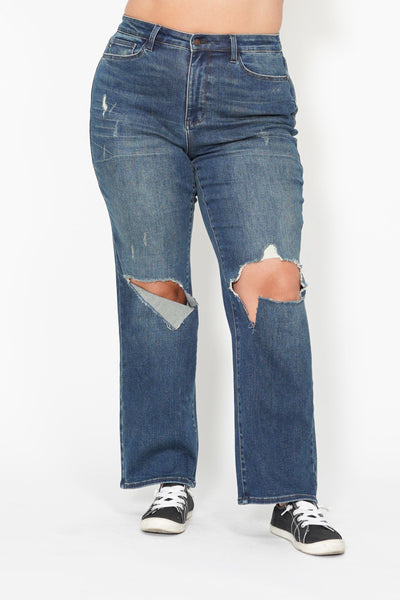 Judy Blue High Waist Knee Ripped Dad Denim 88680-Jeans-Sunshine and Wine Boutique