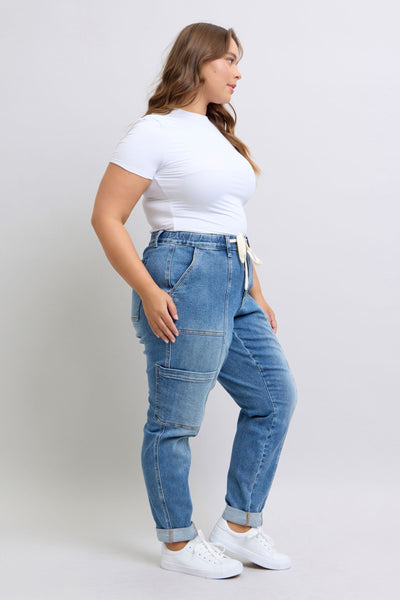 Judy Blue High Waist Cargo Cuff Jogger Denim Jeans 88909-Jeans-Sunshine and Wine Boutique