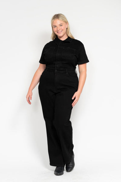 Judy Blue High Waist Garment Dyed Black Tummy Control Short Sleeve Straight Denim Jeans Jumpsuit 88853-Jeans-Sunshine and Wine Boutique